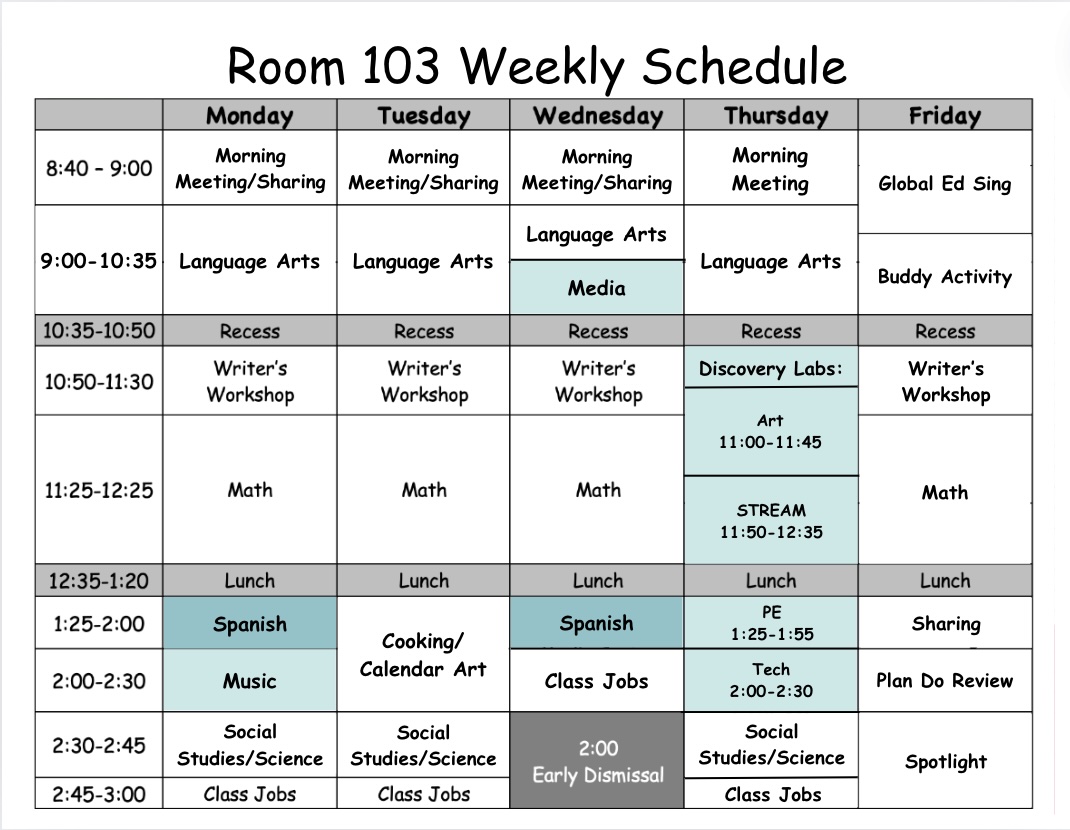 Room 103 Weekly Schedule